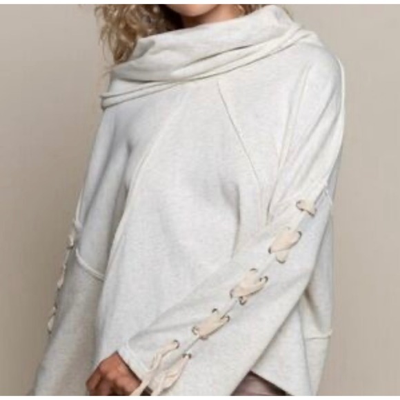 POL Cowl Neck Sweatshirt Hi Low Top Lace Up Sleeves Casual Comfy - Picture 1 of 12